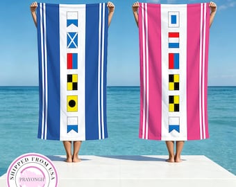 Name In Nautical Flags,Personalized Quick Dry Beach Towel,Custom Marine Signal Alphabet Gift,Sand Free Sailing Boat Travel Accessories