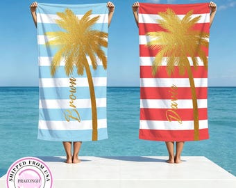Personalized Gold Palm Tree Beach Towel,Custom Tropical Vacation Gift,Girls Trip Towel,Bridesmaid Towel,Birthday Gift,Family Holiday Trip