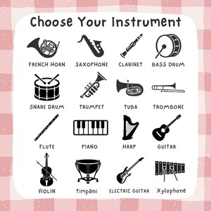Pu&ograve; includere: Una tabella quadrata bianca con angoli arrotondati che riporta il testo Choose Your Instrument in alto. Mostra sedici icone nere di strumenti musicali, tra cui corno, sassofono, clarinetto, grancassa, rullante, tromba, tuba, trombone, flauto, pianoforte, arpa, chitarra, violino, timpani, chitarra elettrica e xilofono, ciascuno etichettato con il proprio nome.