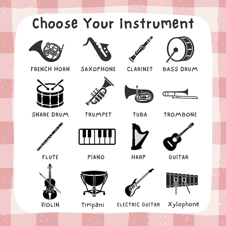 Pu&ograve; includere: Una tabella quadrata bianca con angoli arrotondati che riporta il testo Choose Your Instrument in alto. Mostra sedici icone nere di strumenti musicali, tra cui corno, sassofono, clarinetto, grancassa, rullante, tromba, tuba, trombone, flauto, pianoforte, arpa, chitarra, violino, timpani, chitarra elettrica e xilofono, ciascuno etichettato con il proprio nome.