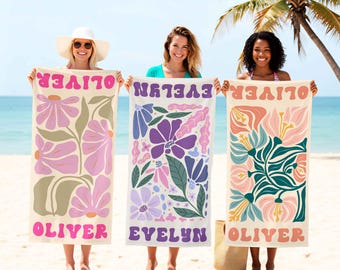 Personalized Retro Floral Beach Towel,Ideal Bachelorette Party Favor and Thoughtful  Summer Present for Mom,Sister or Beach-Loving Friend