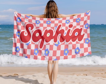 Personalized Retro Checkerboard Daisy Beach Towel,Kids Pool Towel,Birthday Party Gift,Bachelorette Trips,Pool Days&Summer Vacations
