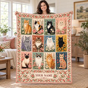 Personalized Cat Blanket,Custom Name Vintage Floral Cat Throw,Cottagecore Patchwork Kitty Design,Cat Lover Gift for Women,Cozy Pet Mom Decor