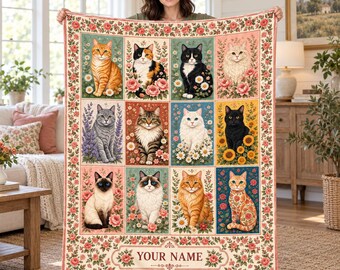 Personalized Cat Blanket,Custom Name Vintage Floral Cat Throw,Cottagecore Patchwork Kitty Design,Cat Lover Gift for Women,Cozy Pet Mom Decor