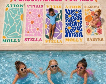 Personalized Retro Floral Beach Towel For Girls,Custom Name Kids Pool Towel,Quick Dry Summer Camp Gift,19.7x39.4 Flower Towel,Birthday Gift