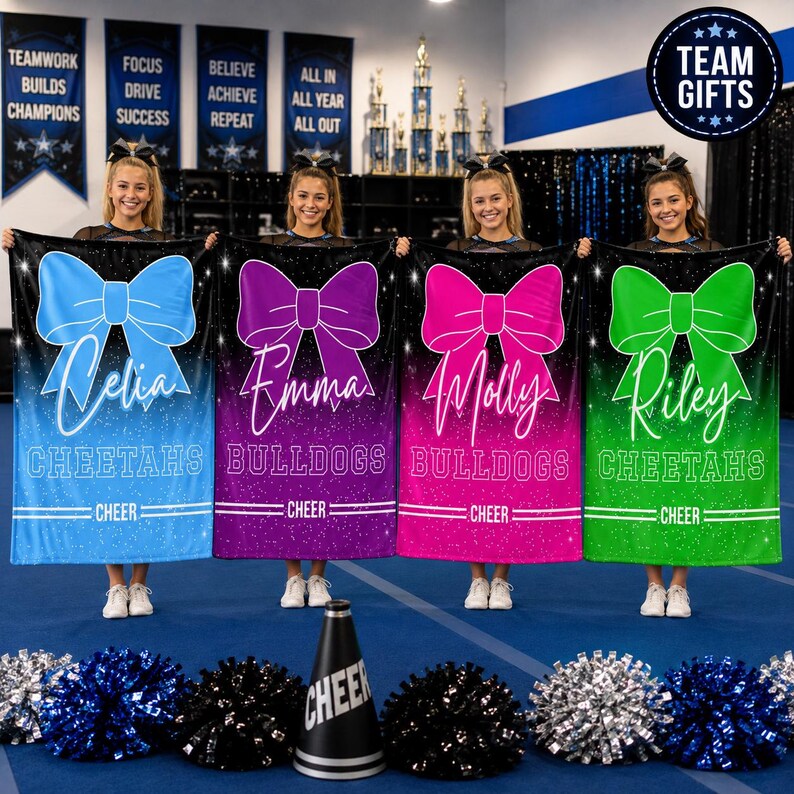 May include: Four rectangular blankets featuring large bows, names Celia, Emma, Molly, and Riley, and team names Cheetahs or Bulldogs. The blankets have a gradient color scheme of blue, purple, pink, and green with a glittery star pattern.