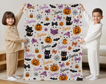 Personalized Kids Halloween Flannel Blanket,Custom Name Ghost Pumpkin Throw,Trick or Treat Gift for Siblings,Kids Room Decor,Spooky Keepsake