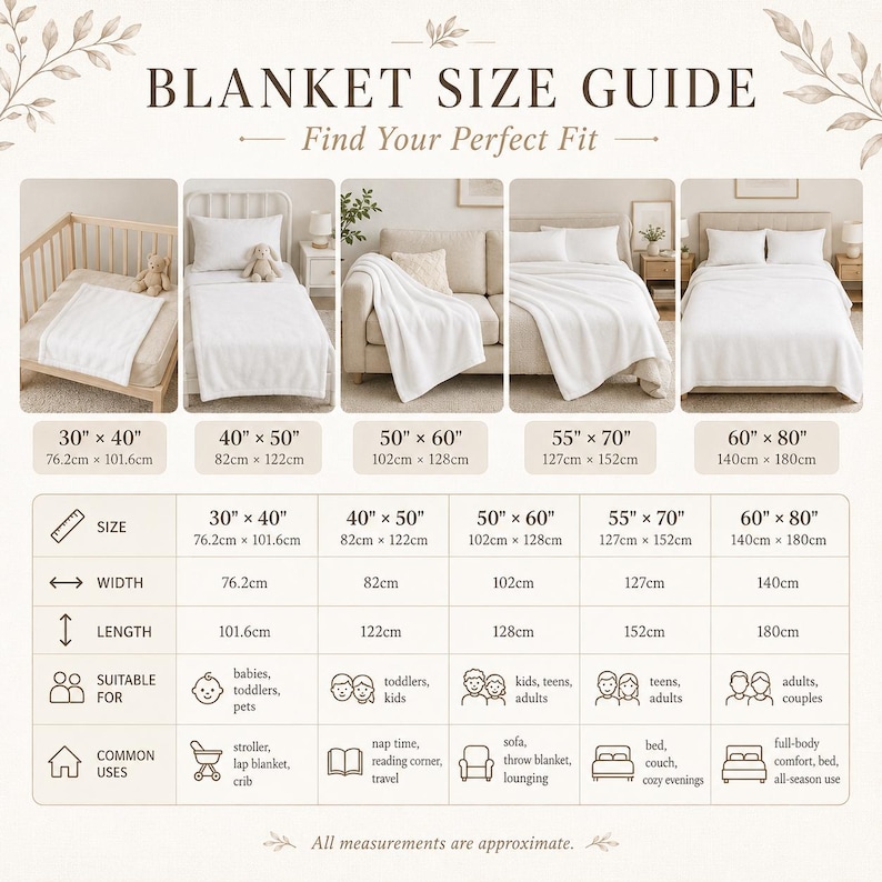 Pu&ograve; includere: Una guida alle dimensioni delle coperte con il testo BLANKET SIZE GUIDE e Find Your Perfect Fit. Mostra cinque coperte bianche in vari ambienti con dimensioni che vanno da 76,2 cm per 101,6 cm a 140 cm per 180 cm.