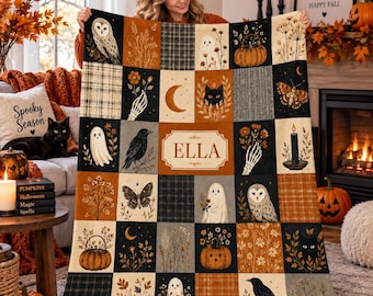 Vintage Halloween Flannel Blanket,Patchwork Ghost Owl Black Cat Throw,Pumpkin Crow Moth Art,Cottagecore Fall Decor for Spooky Season Lovers