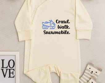 ハイハイウォーク スノーモービル 刺繍入りベビーボディスーツ、面白いウィンタースポーツ 幼児用ロンパース、かわいいスノーモービルベビー服