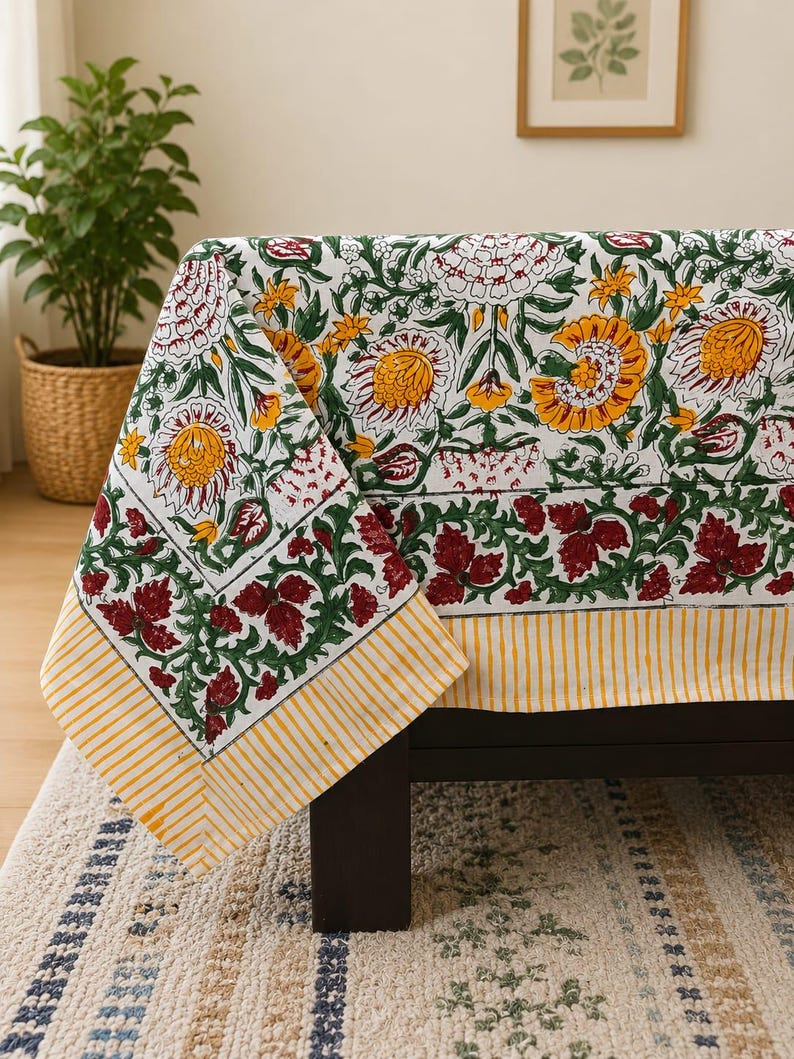 May include: A rectangular fabric tablecloth featuring a white base with a repeating floral pattern in shades of yellow, green, and deep red. The edges are finished with a distinct border of green leafy vines and a yellow and white striped trim.