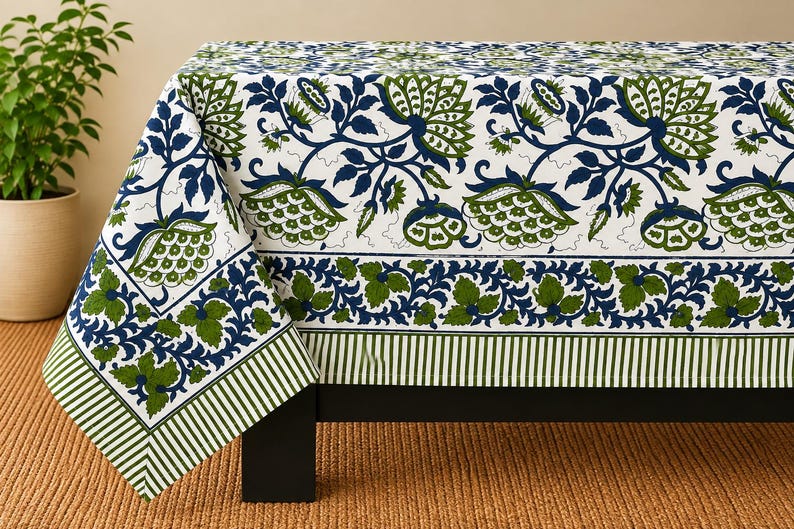 May include: A rectangular tablecloth featuring a white background with a repeating pattern of large dark blue and olive green floral motifs. The border includes a decorative band of green leaves and blue vines, finished with a striped green edge.