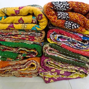Vintage Kantha Quilt Twin Size Indian Cotton Bed Cover Throw Handmade Quilts Multicolour Blanket Wholesale Lot Of 100 Pics Reversible Quilts