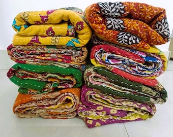 Vintage Kantha Quilt Twin Size Indian Cotton Bed Cover Throw Handmade Quilts Multicolor Blanket Reversible Quilts