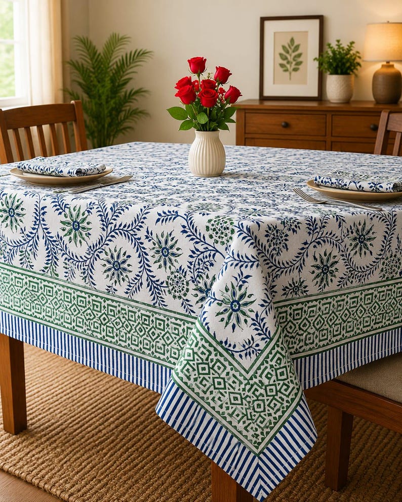 May include: A rectangular tablecloth featuring a white base with a blue and green floral vine pattern, a green geometric border, and a blue and white striped edge. The fabric drapes over a wooden table set with plates, napkins, and a vase of red roses.