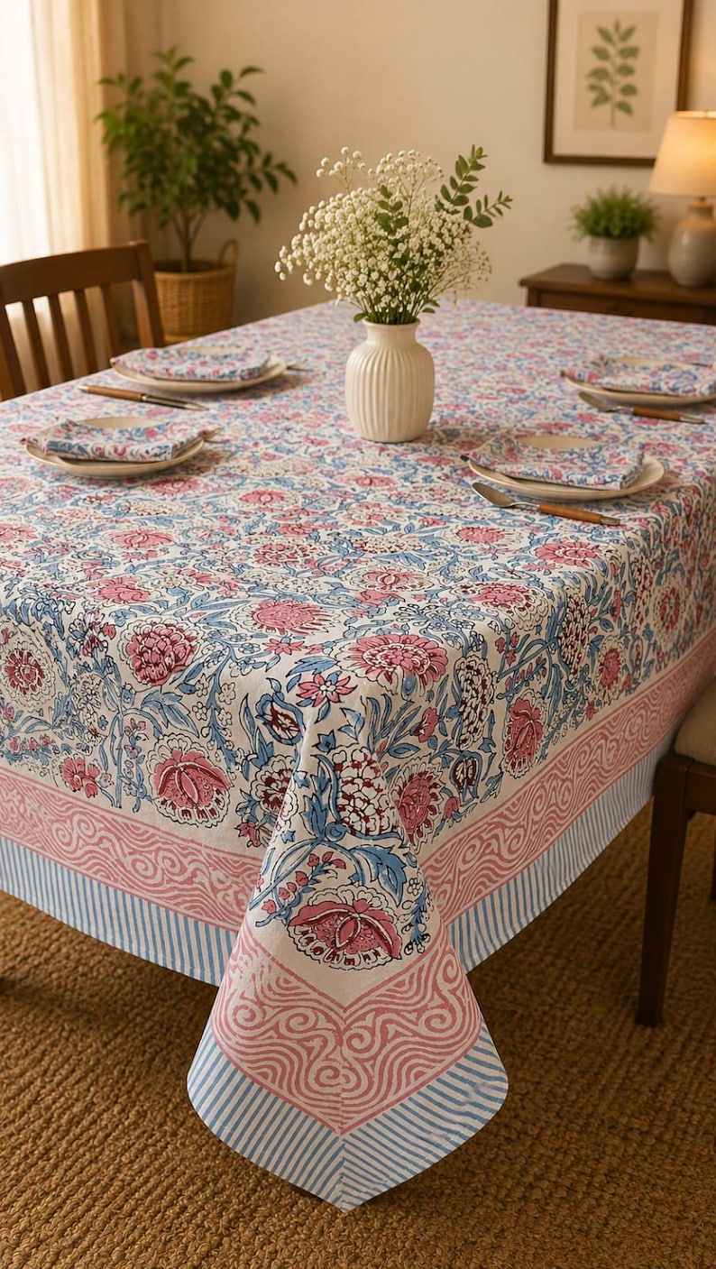 May include: A rectangular tablecloth featuring a floral pattern in shades of pink and blue on a white background, with a decorative border of pink wavy lines and blue stripes. The fabric covers a table set with matching napkins and a white vase.