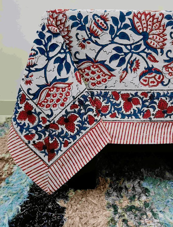 Blue Floral Hand Block Printed Cotton Tablecloth, Rectangle Tablecloth, Dining Table Cover, Wedding Table Cover Boho Farmhouse Decor