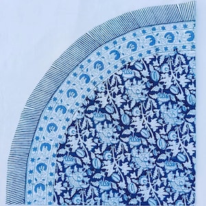 May include: A quarter-circle textile with a navy blue and white floral pattern. The design features a border of stripes and floral motifs. The fabric is a deep navy blue with white floral and leaf details.
