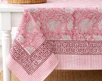 Pink Hand Block Print Tablecloth, French Table Cover, Boho Spring Wedding Table Decor, Kitchen Linens, Boho Table Cover