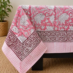 Pink Floral Cotton Rectangular Table Cloth, Handmade Printed Table Cover With Napkin , Boho Spring Wedding Top Table Décor, Gift For Her