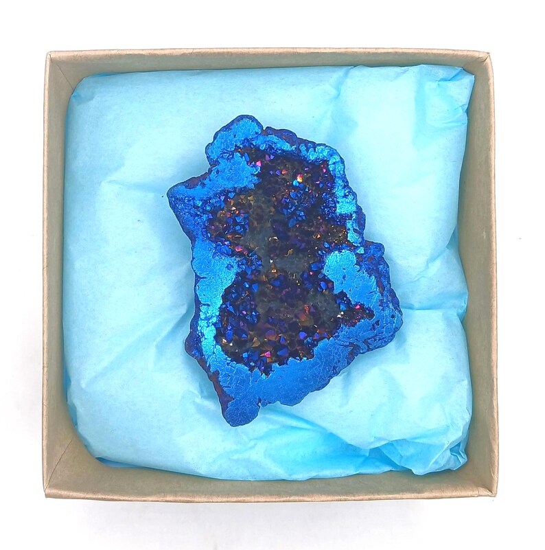 Cobalt Blue Aura Quartz Geode Crystal 50mm in Gift Box Calming Healing ...