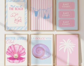 Juego de 6 láminas playeras en rosa y azul, decoración de pared costera, pósteres playeros femeninos, decoración para dormitorios universitarios y apartamentos preppy, decoración playera