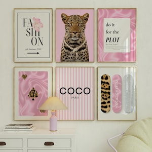Pink Fashion Gallery Wall Set of 6, Y2K Stockholm Style Fashion Prints, Chic Apartment & Dorm Decor, Vogue Style Posters, Leopard Wall Art