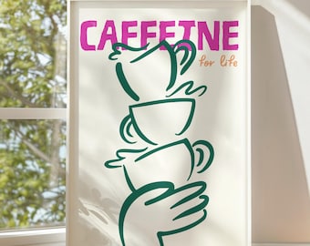 Impresión de cafetería, arte retro de café, póster de café dibujado a mano, decoración de cafetería, arte mural de cocina, imprimible de cafeína para amantes del café.