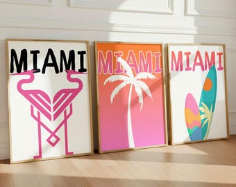 Miami Wall Art Set of 3, Miami Print, Florida Travel Poster, Retro Miami Digital Art, Miami Beach Print, Coquette Trendy Wall Decor