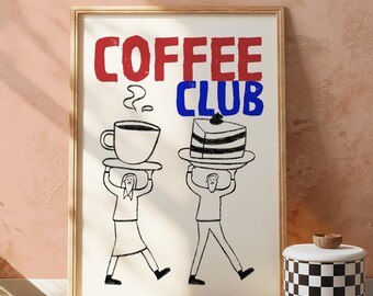 コーヒークラブのポスター、コーヒーバーのプリント、レトロなコーヒーアート、手描きのコーヒーポスター、コーヒーショップの装飾、キッチンの壁アート、コーヒー愛好家のプリント