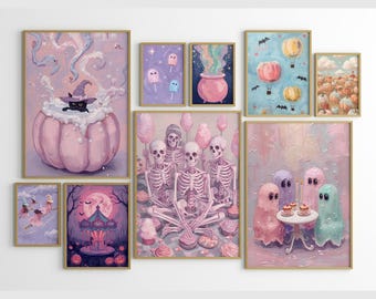 Pink Cute Halloween Wall Art Pastel Preppy Poster Bundle of 10 Girly Spooky Ghost Prints Coquette Halloween Printable kids room Decor
