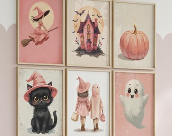 Halloween Printable kids Party Decor Pink Pastel Print  Cute Ghost Witch pumpkin Cat Posters girl room Nursery Teacher Wall Art Digital