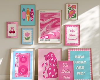 Pink & Blue Preppy Dorm Room Wall Art Set of 10 - Girly Coquette Y2K Digital Prints for College Girls Room Decor, girls' bedroom wall decor