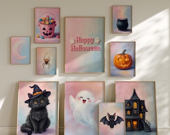 Halloween Gallery Wall Prints Set of 10, Girly pastel preppy wall art bundle, kids nursery halloween decor, cute whimsical halloween posters