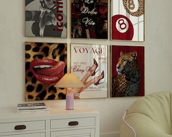 Red Preppy Fashion Prints Set, Vogue Poster, Y2K Room Decor, Vintage Poster, Leopard Poster, Maximalist Wall Art, Stockholm Style Magazine