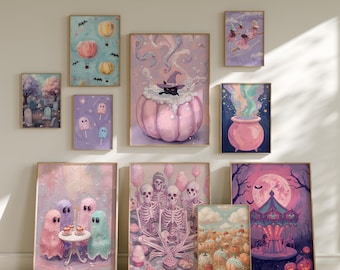 Decorazioni murali di Halloween stravaganti, set di 10 poster preppy dai toni pastello, stampe di fantasmi spettrali per ragazze, stampe di Halloween civettuole, Halloween alla moda