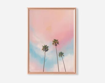 Palmen, tropische Wandkunst, Küstenstrandhausdekor, Pastellozean- und Sonnenuntergangswandkunstdruck, Sommer-Küstenwanddekor, Beachy Wandkunst