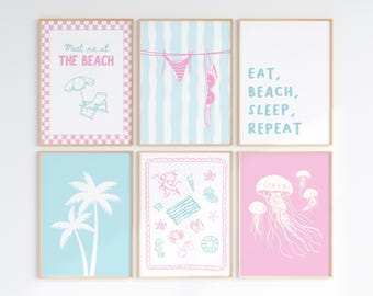 Juego de 6 láminas playeras en rosa y verde azulado, decoración de pared costera, pósteres playeros femeninos, decoración para dormitorios universitarios y preppy, láminas rosas para dormitorios.