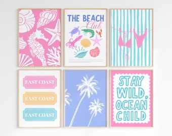 Juego de 6 láminas de playa rosa, decoración de pared costera, pósteres playeros femeninos, decoración para dormitorios universitarios y apartamentos preppy, estética costera, arte de verano