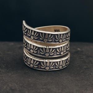 Floral Pattern Adjustable Sterling Silver Ring