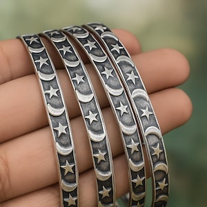 Celestial Sterling Silver Moon & Star Bangles: Boho Stacking Bracelets