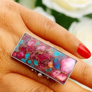 Handmade Rectangular Purple & Turquoise Gemstone Statement Ring