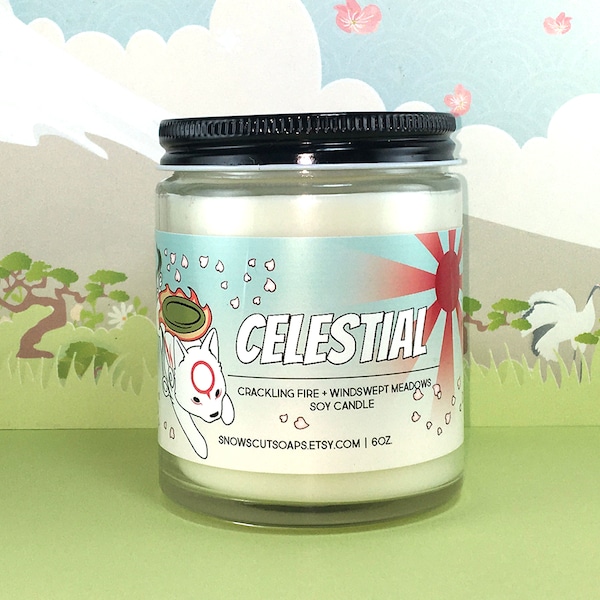 Celestial Candle - Crackling Fire and Windswept Meadows Soy Candle - Okami Celestial Brush