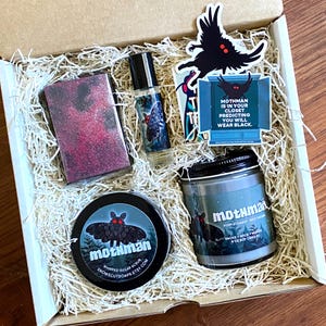 Mothman Gift Set - Candle, Sugar Scrub, Soap, Fragrance Oil, Three Stickers - Cryptid