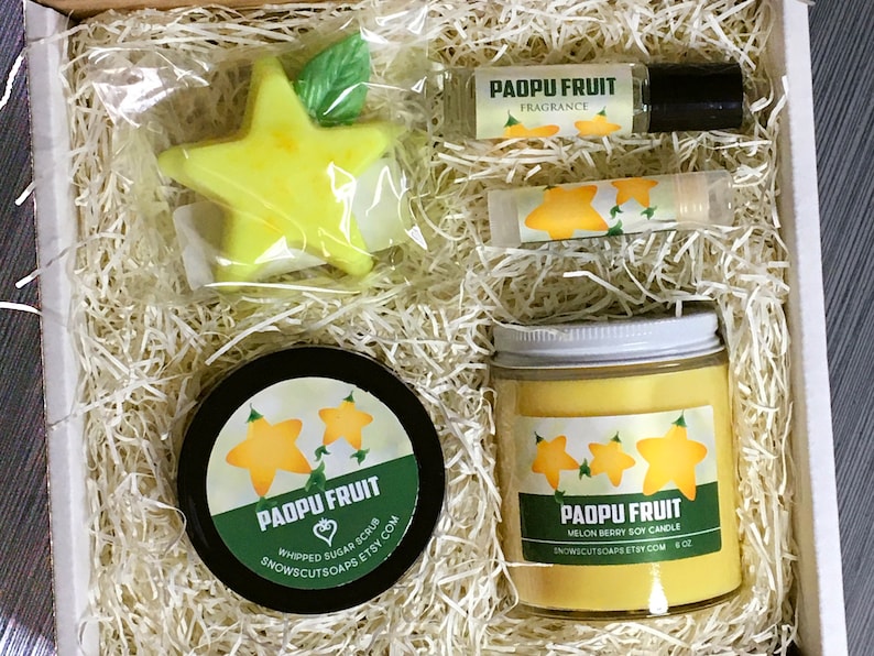 Paopu Fruit Gift Set Candle, Sugar Scrub, Fragrance Oil, Paopu Soap, Lip Balm Watery Melon and Soft Berry Starfruit image 1