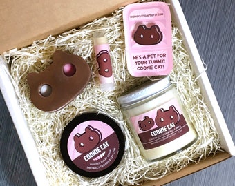 Cookie Cat Gift Set - Candle, Sugar Scrub, Lip Balm, Acrylic Pin - Chocolate Cookie