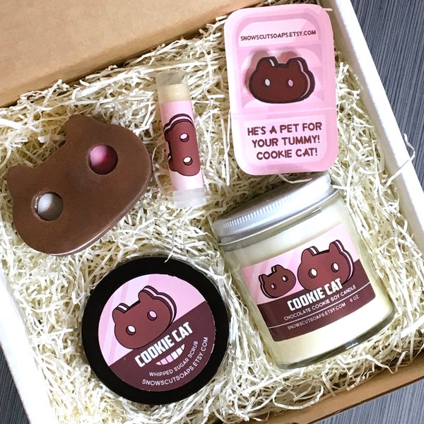 Cookie Cat Gift Set - Candle, Sugar Scrub, Lip Balm, Acrylic Pin - Chocolate Cookie