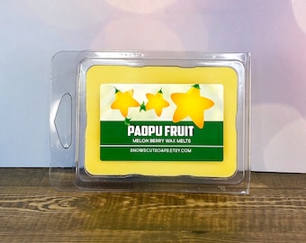 May include: A yellow wax melt in a clear plastic container with a label that reads "Paopu Fruit Melon Berry Wax Melts SNOWSCUTSOAPS.ETSY.COM". The label has three yellow starfruit illustrations.