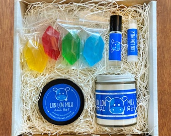 Milk Gift Set - Lon Lon Candle, Rupee Soaps, Fragrance Oil, Lip Balm, Sugar Scrub