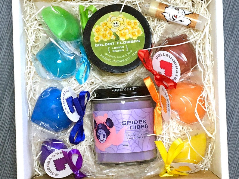 Undertale Gift Set - Sugar Scrub, Lip Balm, Candle, and Seven Soul Modes Soaps 